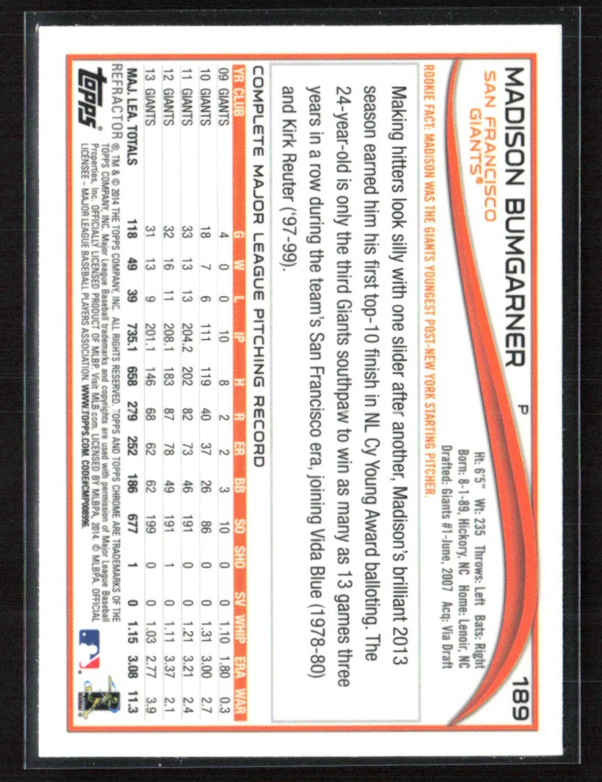 Madison Bumgarner 2014 Topps Chrome Refractor #189 San Francisco Giants