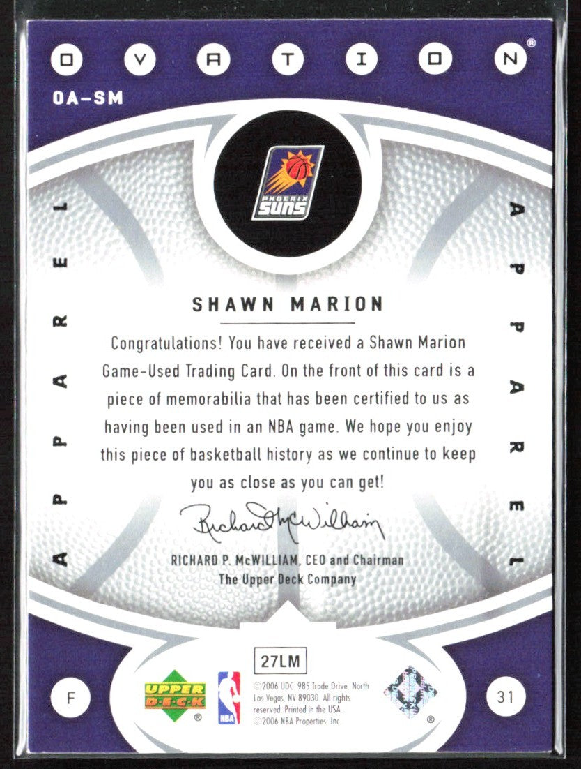 Shawn Marion 2006 Upper Deck Ovation Apparel Jersey #OA-SM Phoenix Suns