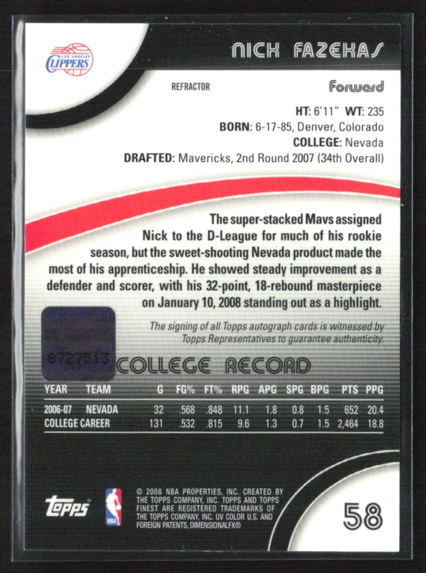 Nick Fazekas 2007 Topps Finest Refractor AUTO #58 Los Angeles Clippers