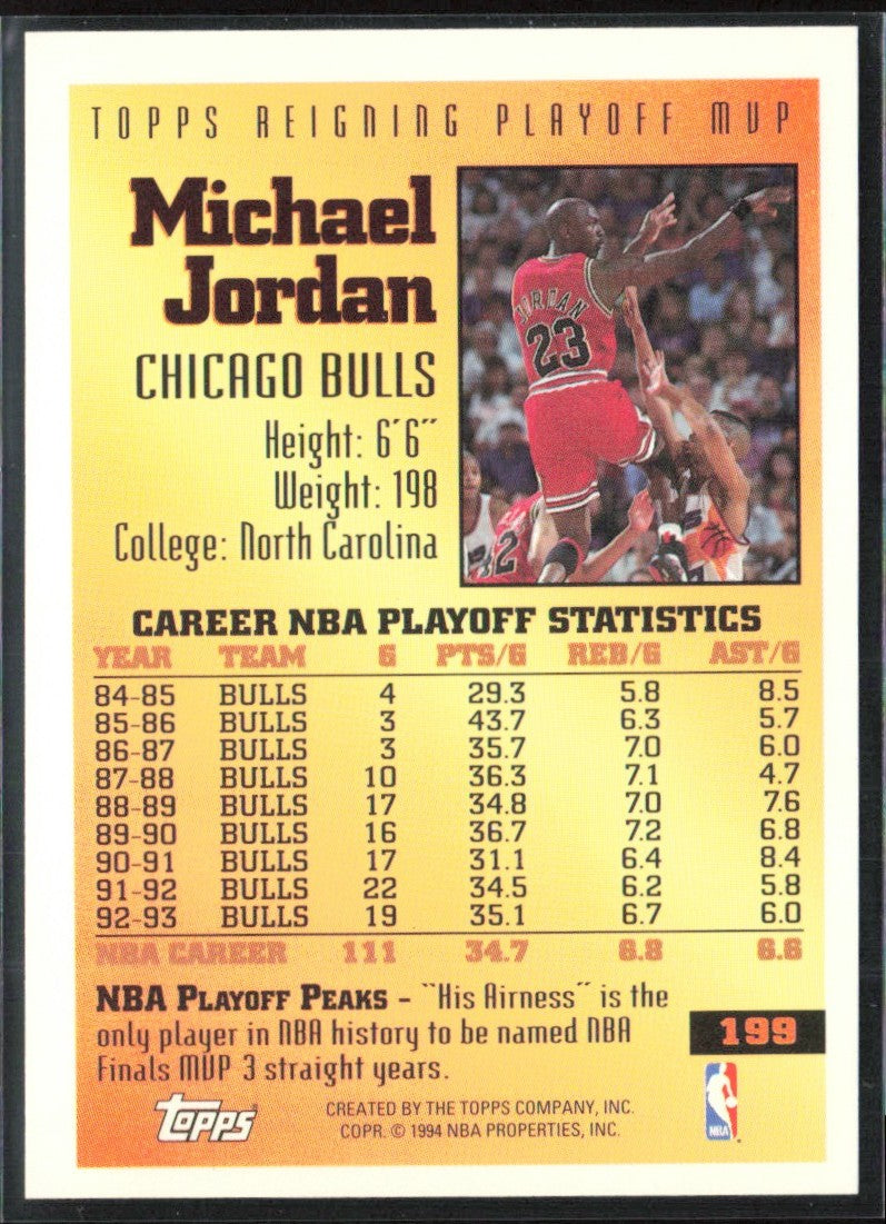 Michael Jordan 1993 Topps Reigning Playoff MVP #199 Chicago Bulls