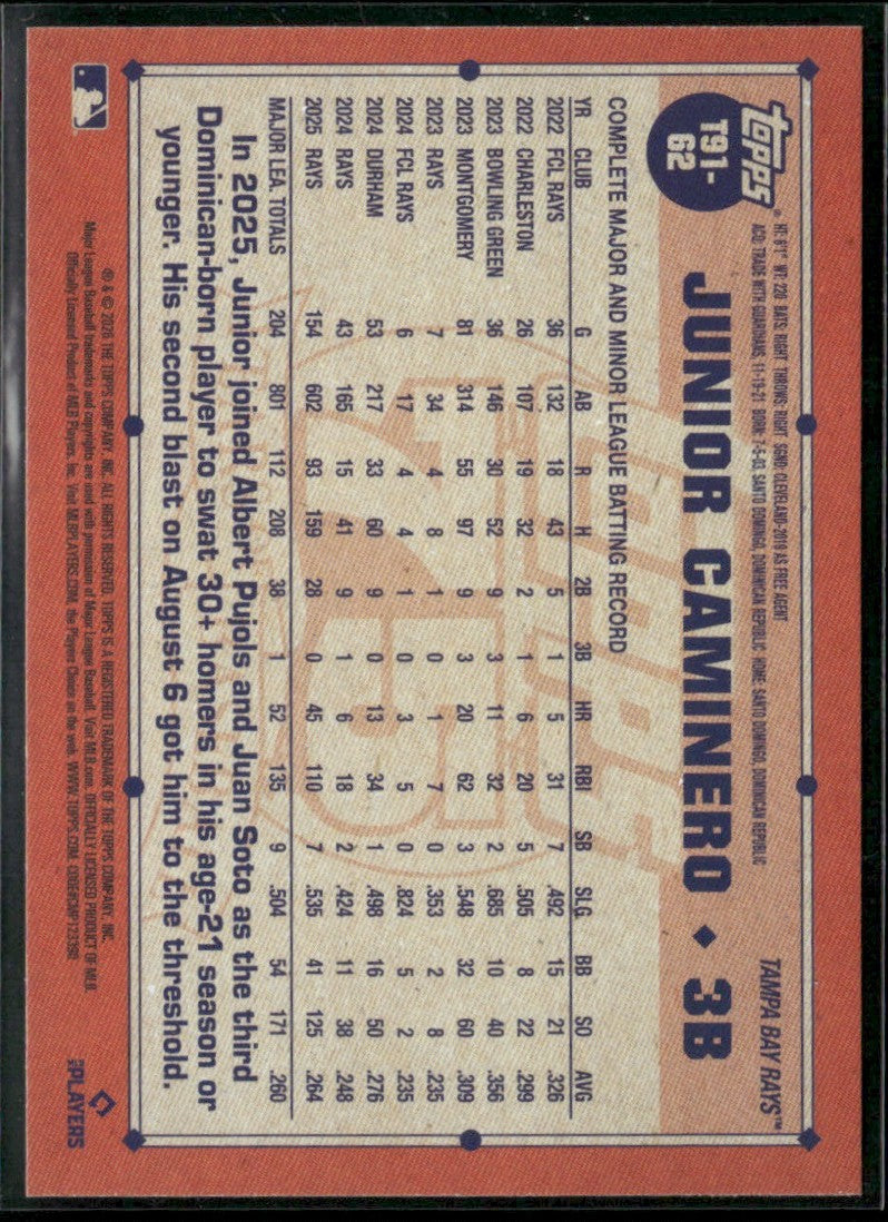 Junior Caminero 2026 Topps 1991 #T91-62 Tampa Bay Rays