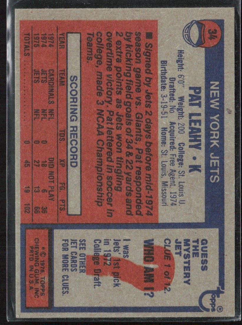 Pat Leahy 1976 Topps #34 New York Jets