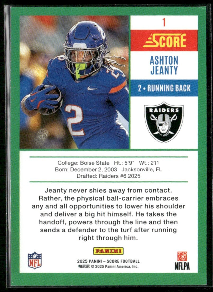 Ashton Jeanty 2025 Panini Score Emerged RC #1 Las Vegas Raiders