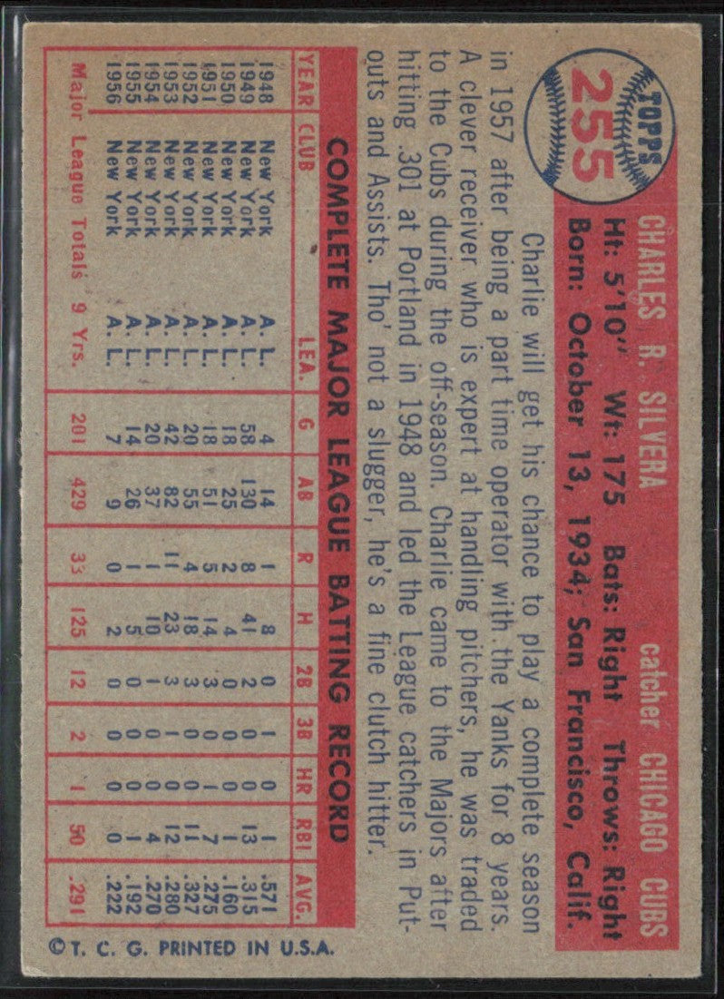 Charlie Silvera 1957 Topps #255 Chicago Cubs