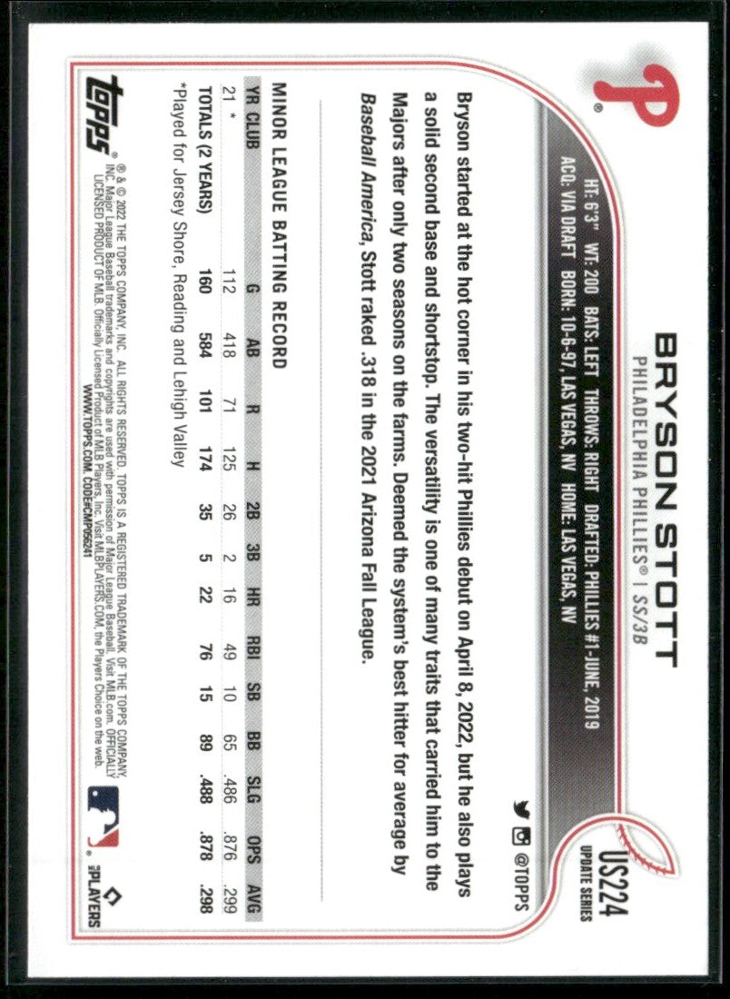 Bryson Stott 2022 Topps Update #US224 Philadelphia Phillies