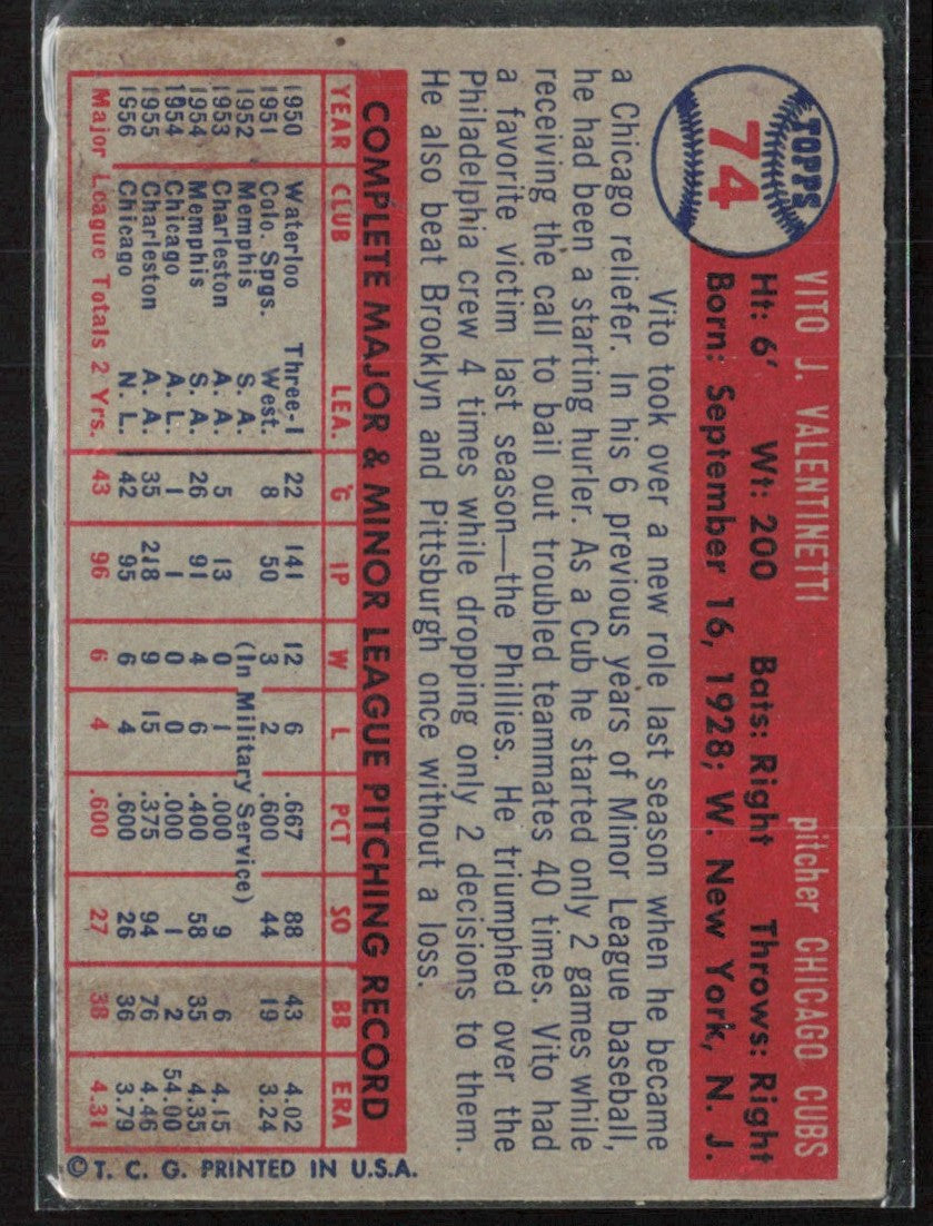 Vito Valentinetti 1957 Topps RC #74 Chicago Cubs