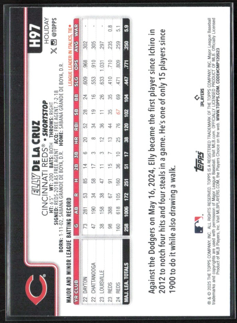 Elly De La Cruz 2025 Topps Holiday Necklace Lights SP #H97 Cincinnati Reds