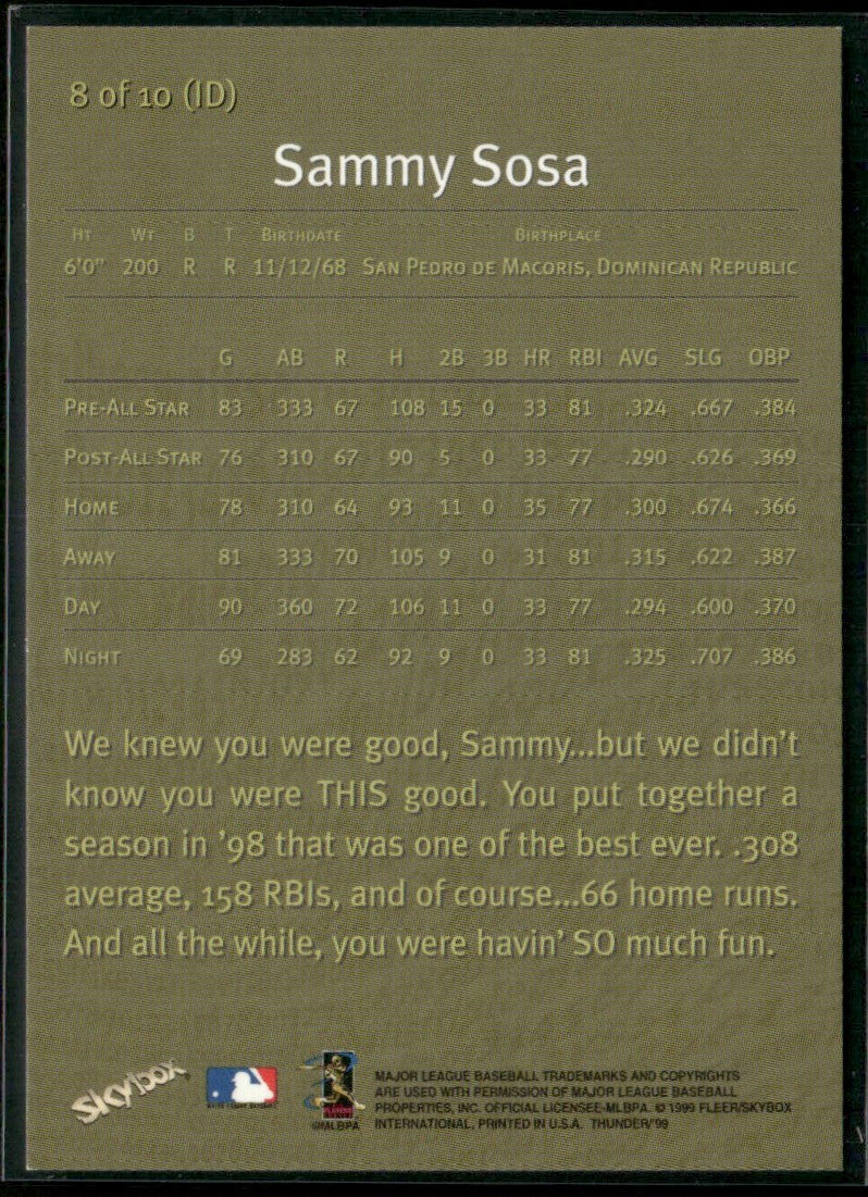 Sammy Sosa 1999 Skybox Thunder In Depth #8 Chicago Cubs