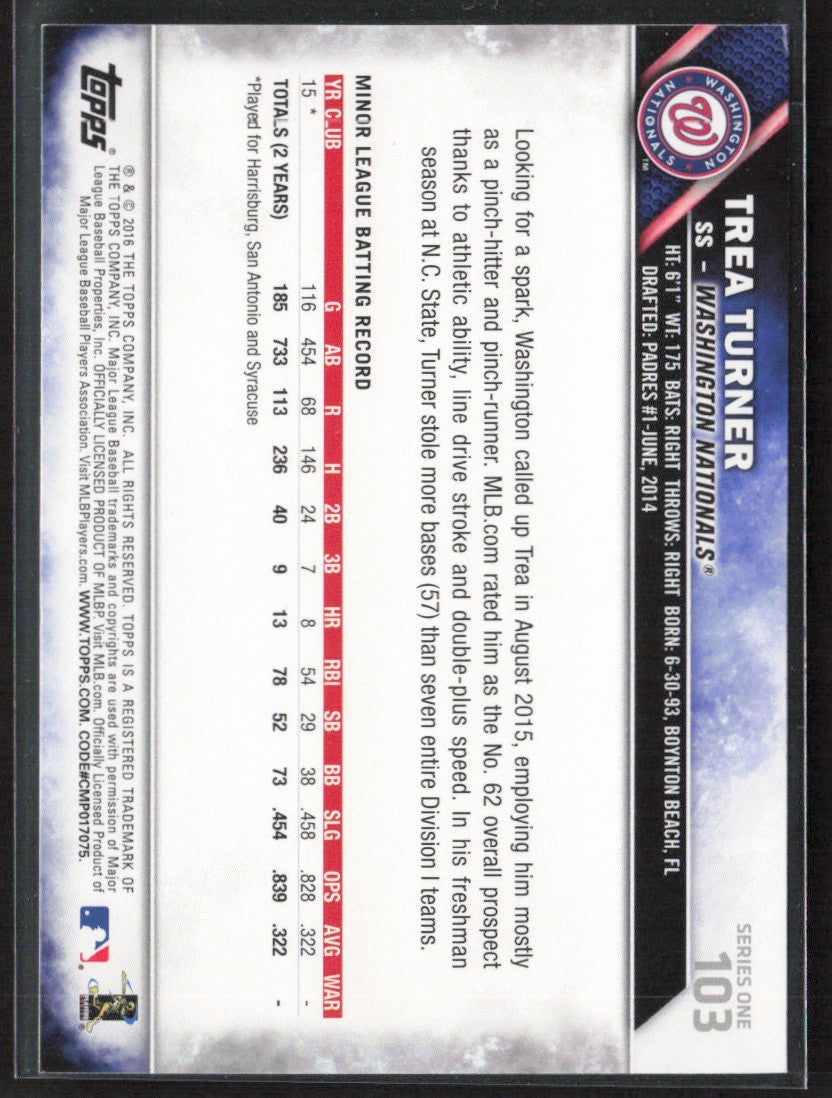 Trea Turner 2016 Topps RC #103 Washington Nationals