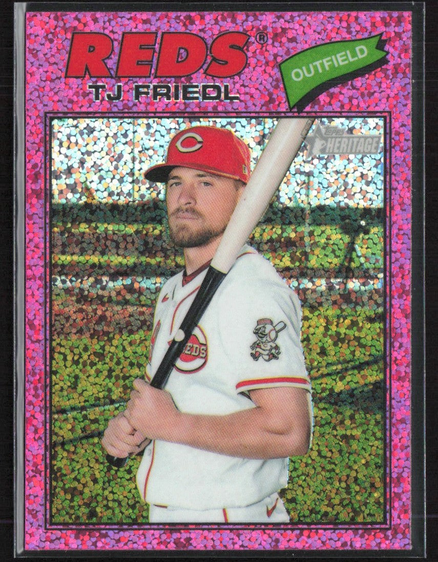 TJ Friedl 2026 Topps Heritage Chrome Pink Sparkle Refractor #296 Cincinnati Reds