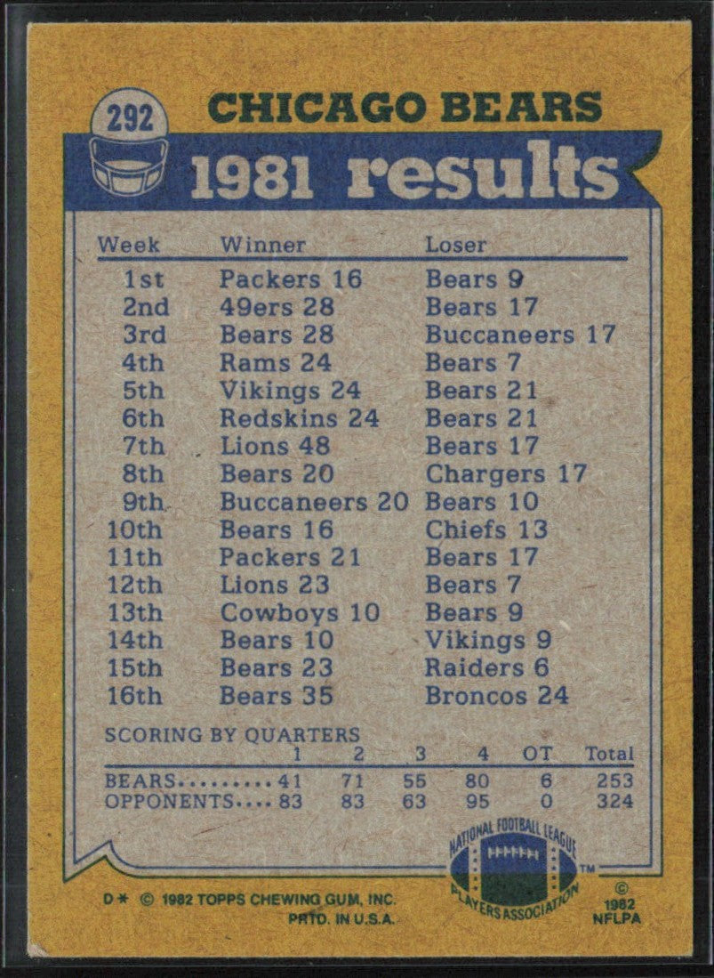 Walter Payton Fencik Margerum 1982 Topps #292 Chicago Bears