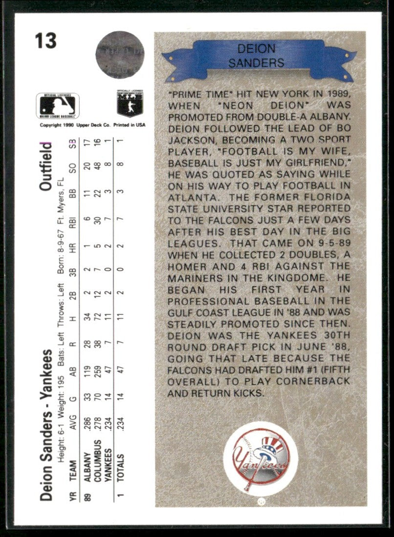 Deion Sanders 1990 Upper Deck RC #13 New York Yankees