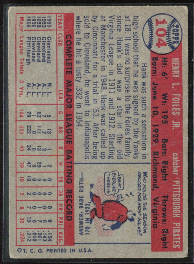 Hank Foiles 1957 Topps #104 Pittsburgh Pirates