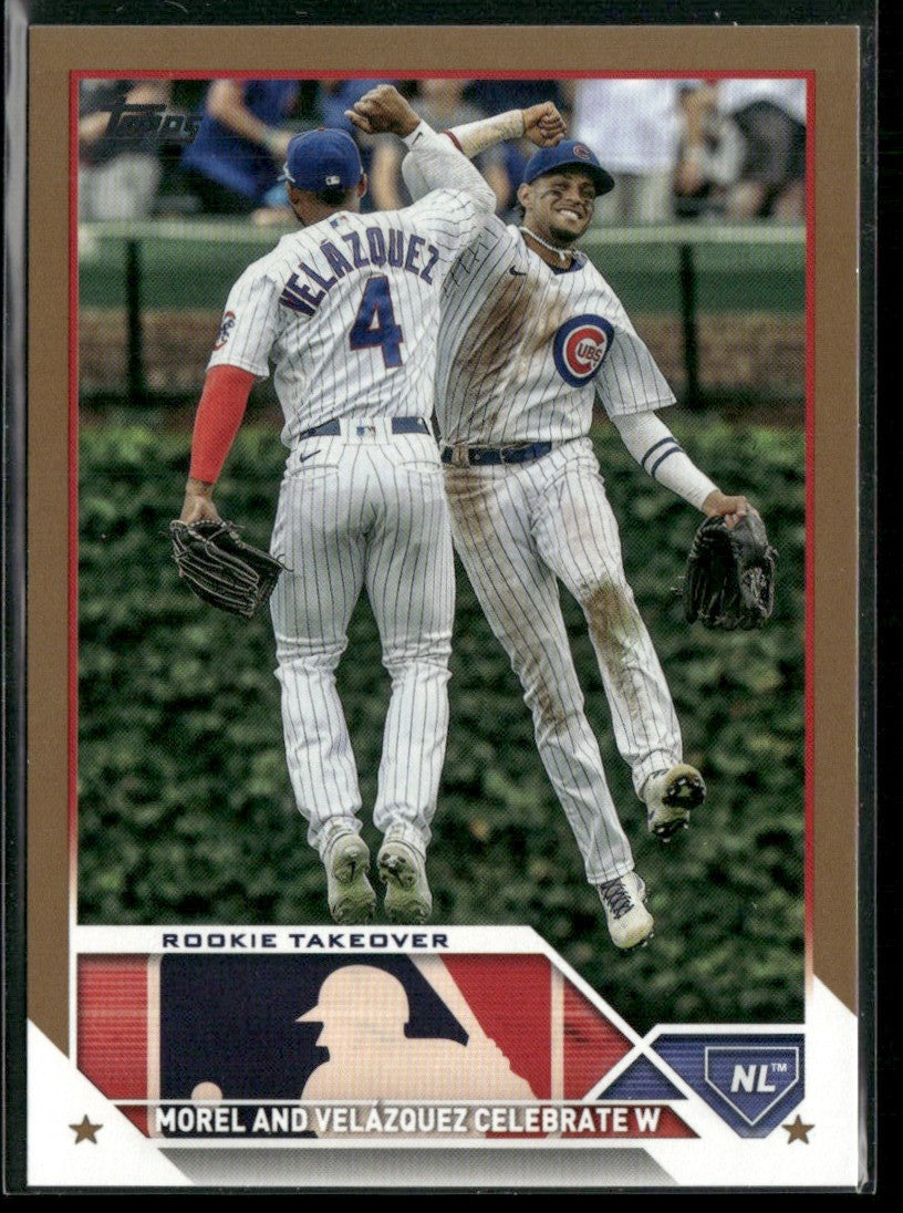 Morel and Velazquez Celebrate W 2023 Topps Gold /2023 #376 Chicago Cubs