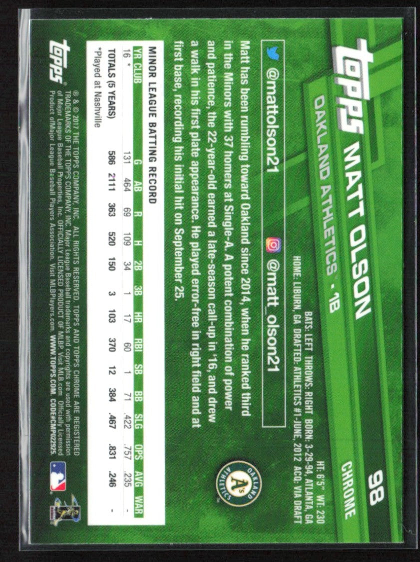 Matt Olson 2017 Topps Chrome RC #98 Oakland Athletics