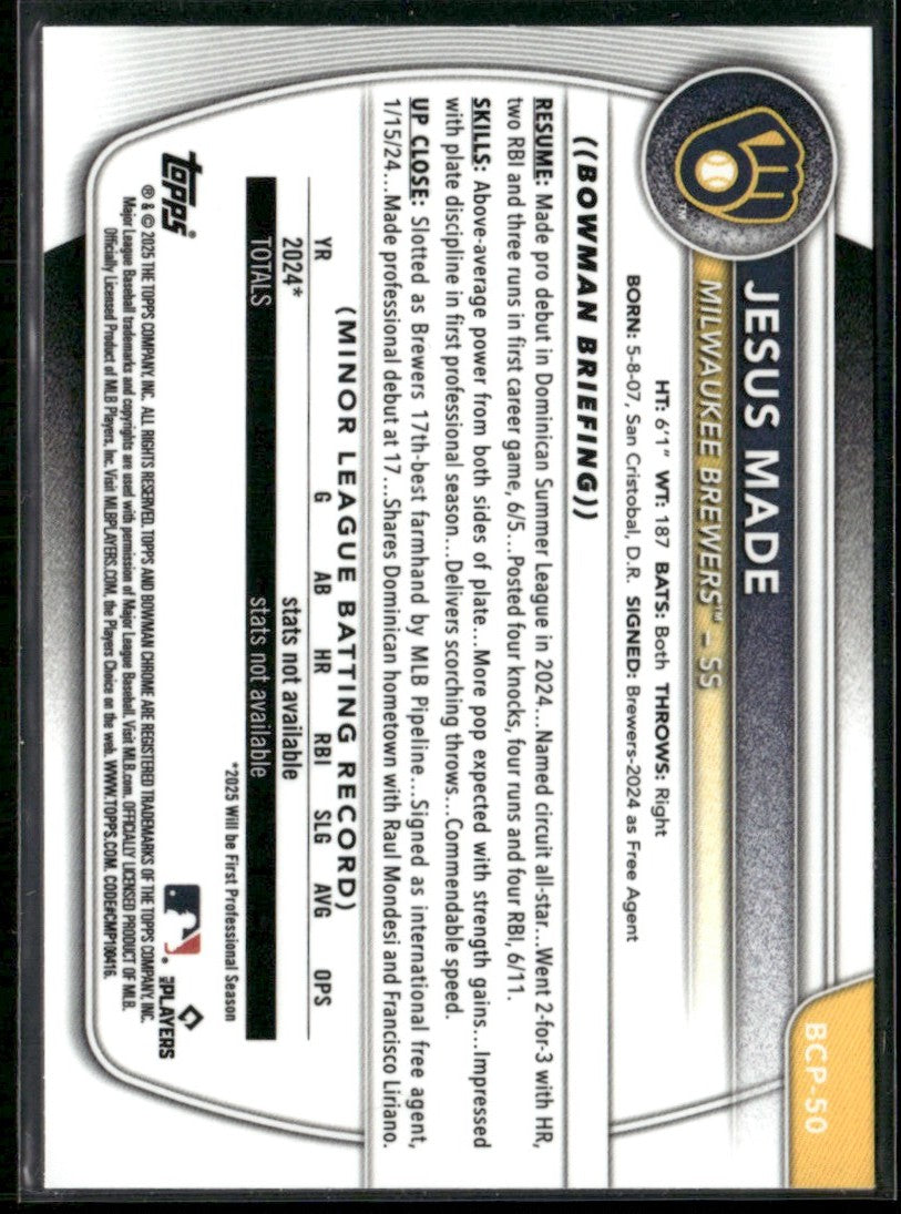 Jesus Made 2025 Bowman Chrome 1st #BCP-50 Milwaukee Brewers