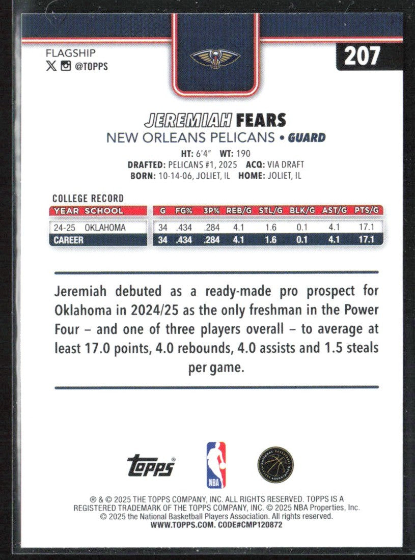 Jeremiah Fears 2025 Topps RC #207 New Orleans Pelicans