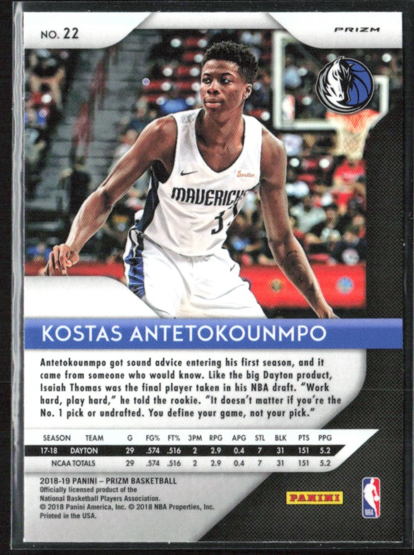 Kostas Antetokounmpo 2018 Panini Prizm Silver RC #22 Dallas Mavericks