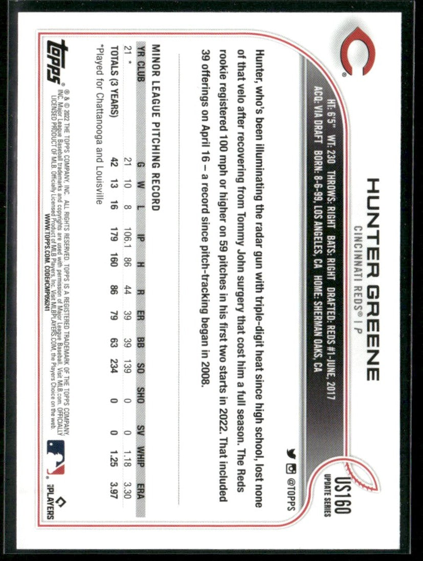 Hunter Greene 2022 Topps Update RC #US160 Cincinnati Reds