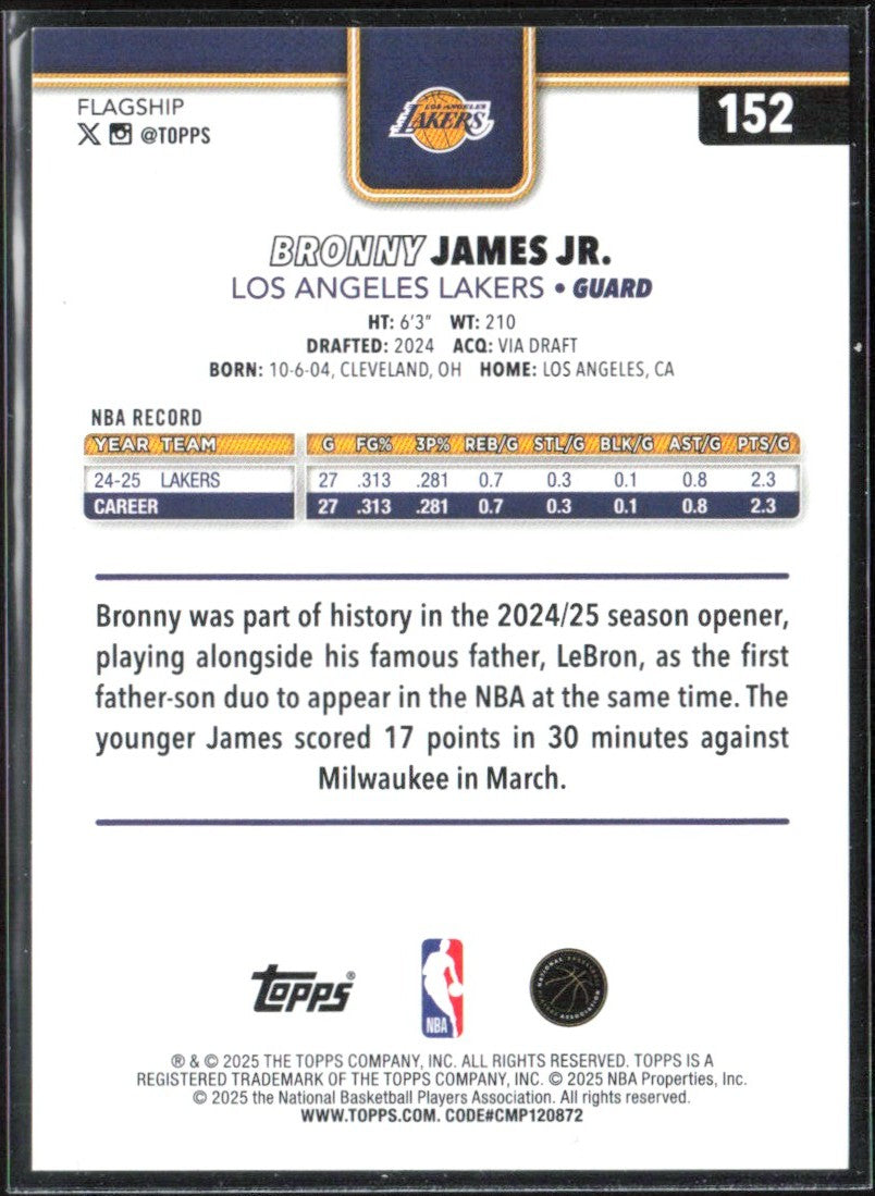 Bronny James Jr. 2025 Topps Holofoil #152 Los Angeles Lakers