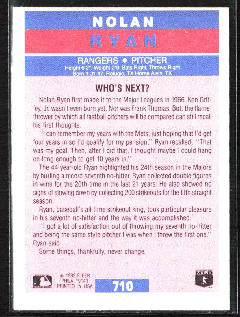Nolan Ryan 1992 Fleer Pro Visions #710 Texas Rangers