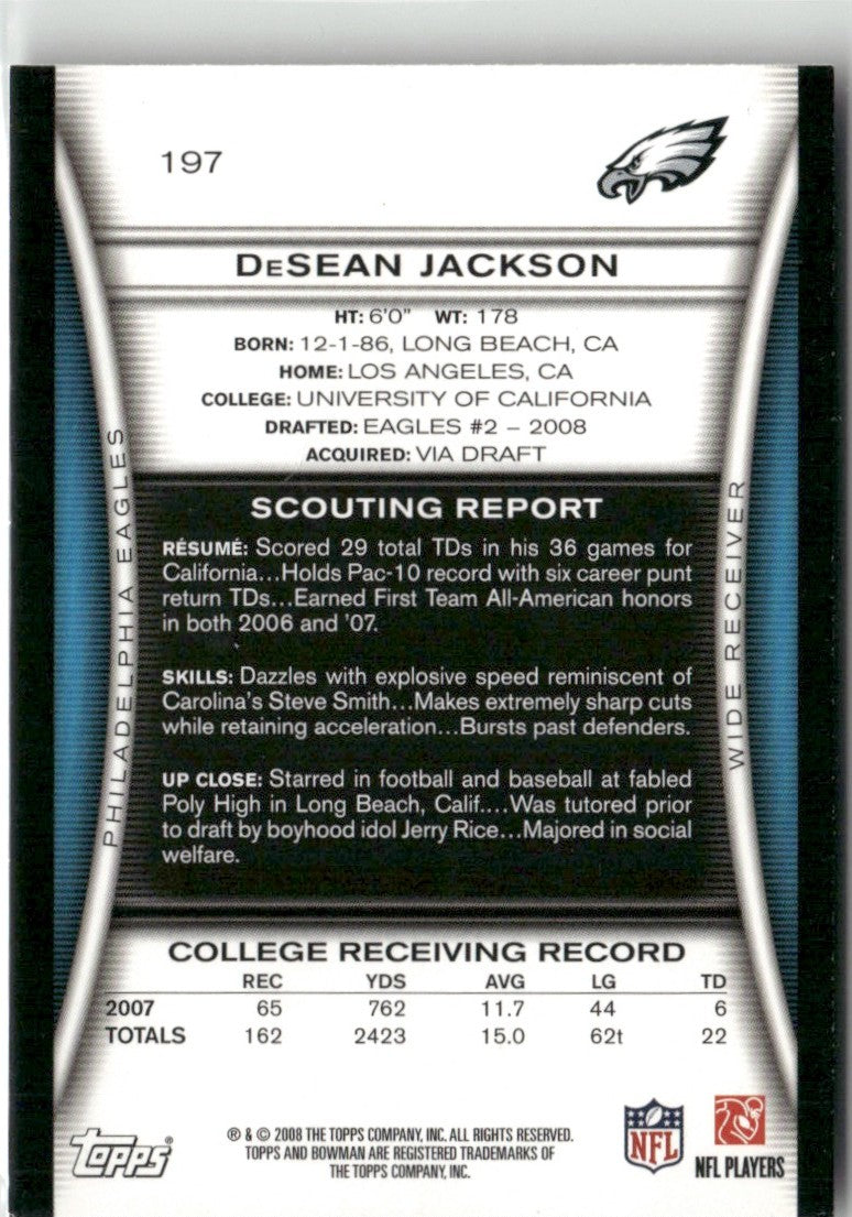DeSean Jackson 2008 Bowman RC #197 Philadelphia Eagles
