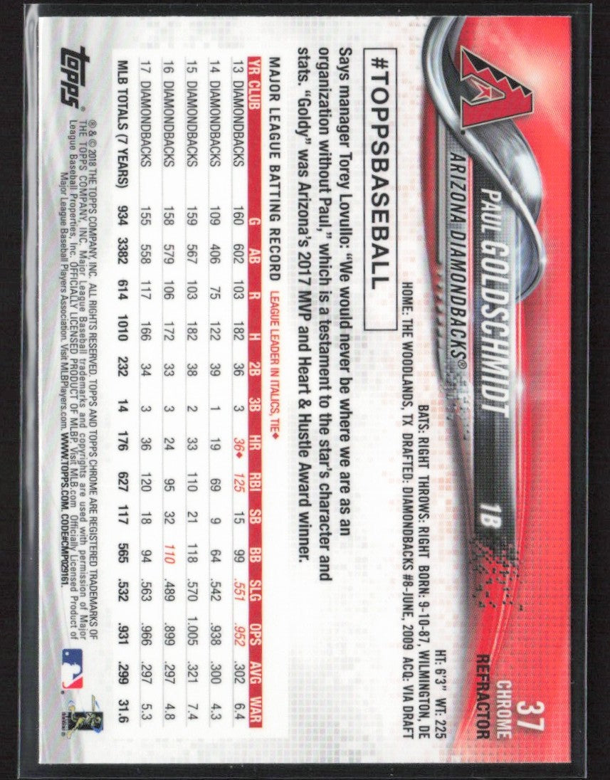 Paul Goldschmidt 2018 Topps Chrome Refractor #37 Arizona Diamondbacks