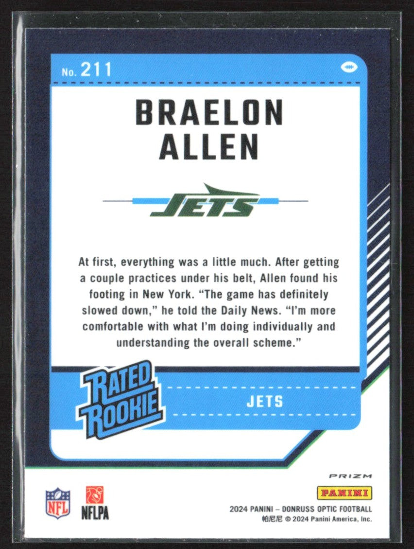 Braelon Allen 2024 Donruss Optic Purple Shock RC #211 New York Jets