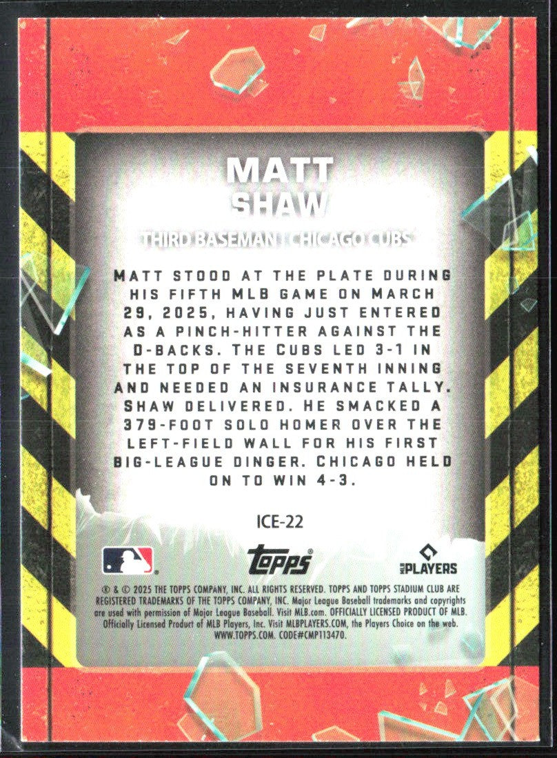 Matt Shaw 2025 Topps Stadium Club In Case of Emergency RC #ICE-22 Chicago Cubs