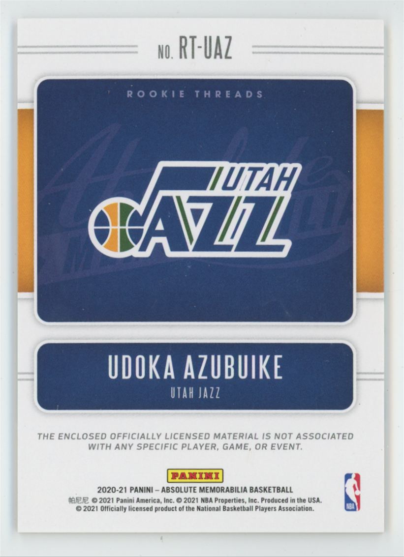 Udoka Azubuike 2020 Panini Absolute Memorabilia Rookie Threads RC Jersey #RT-UAZ