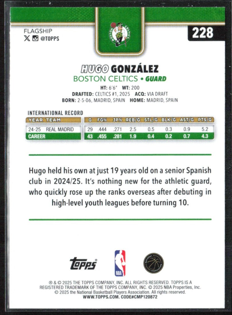 Hugo Gonzalez 2025 Topps RC #228 Boston Celtics