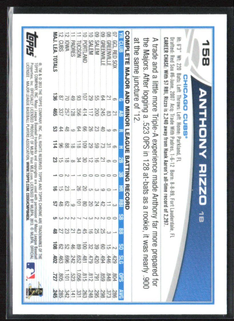 Anthony Rizzo 2013 Topps Chrome #158 Chicago Cubs