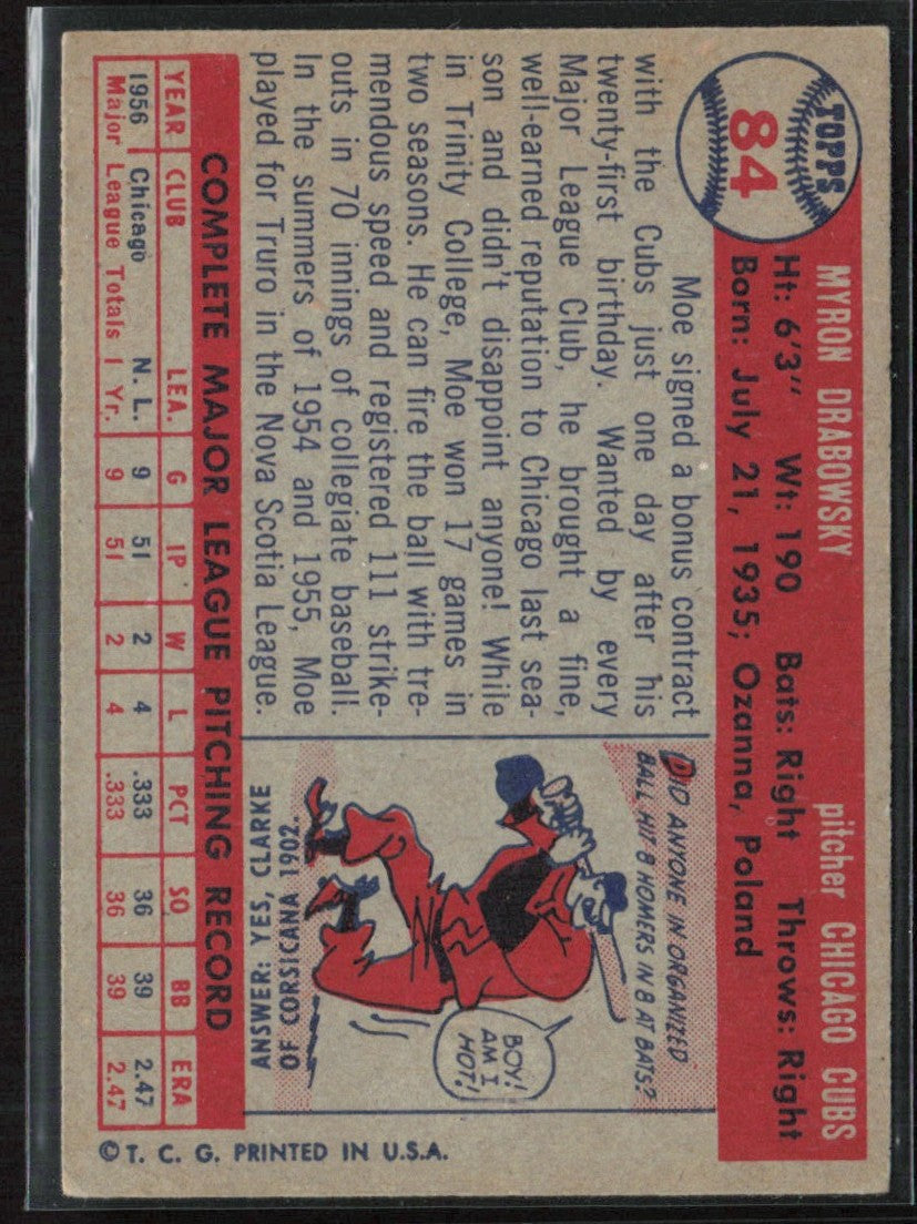 Moe Drabowsky 1957 Topps RC #84 Chicago Cubs