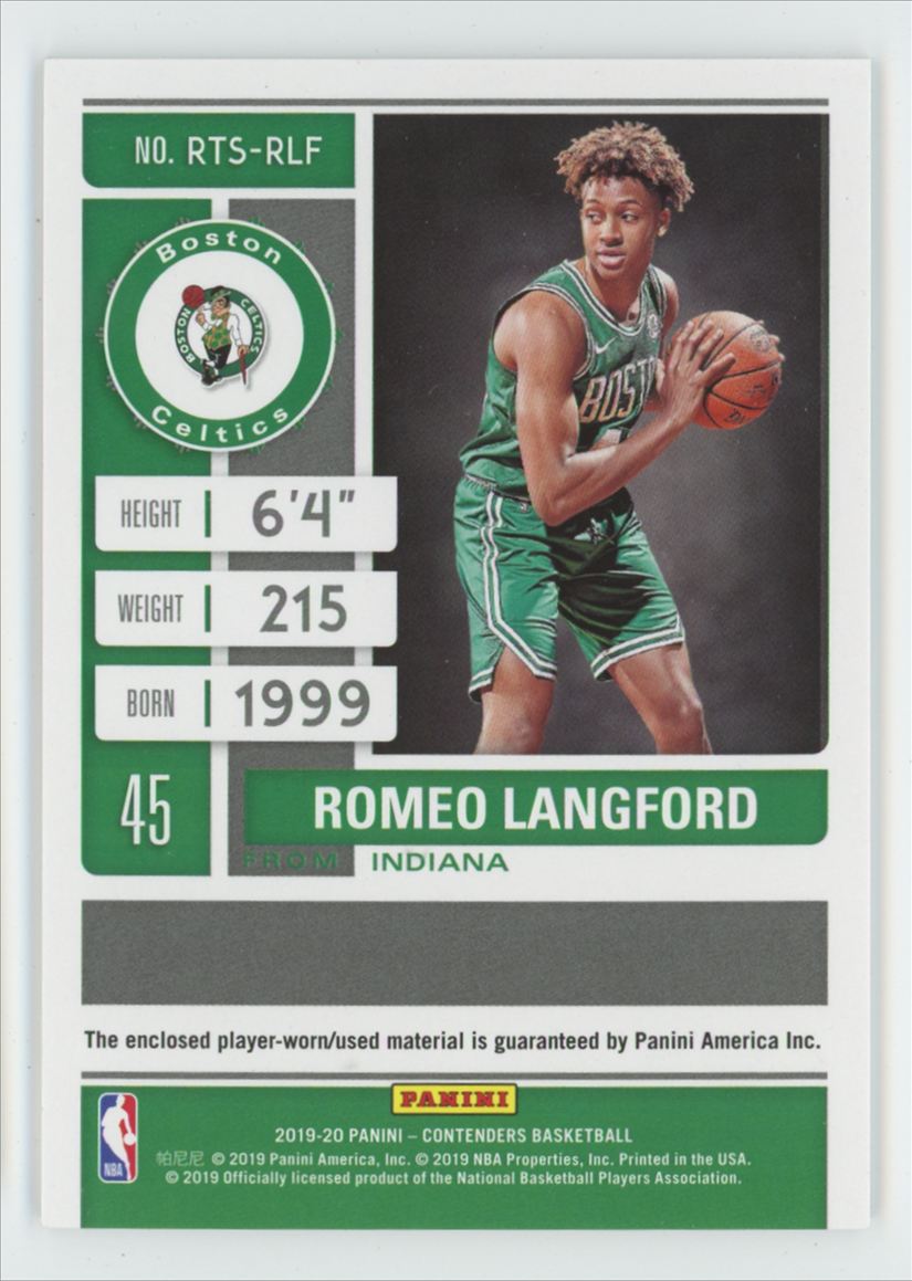Romeo Langford 2019 Panini Contenders Rookie Ticket Swatches RC Jersey #RTS-RLF