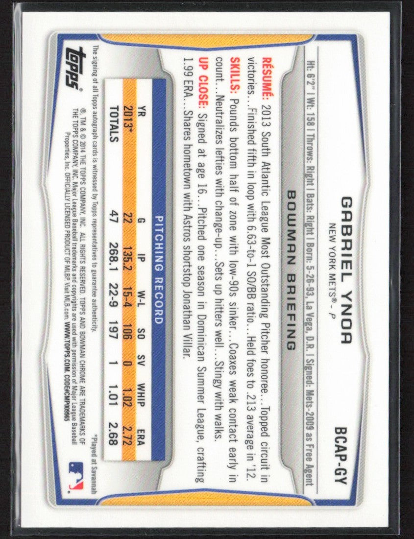 Gabriel Ynoa 2014 Bowman Chrome AUTO #BCAP-GY New York Mets