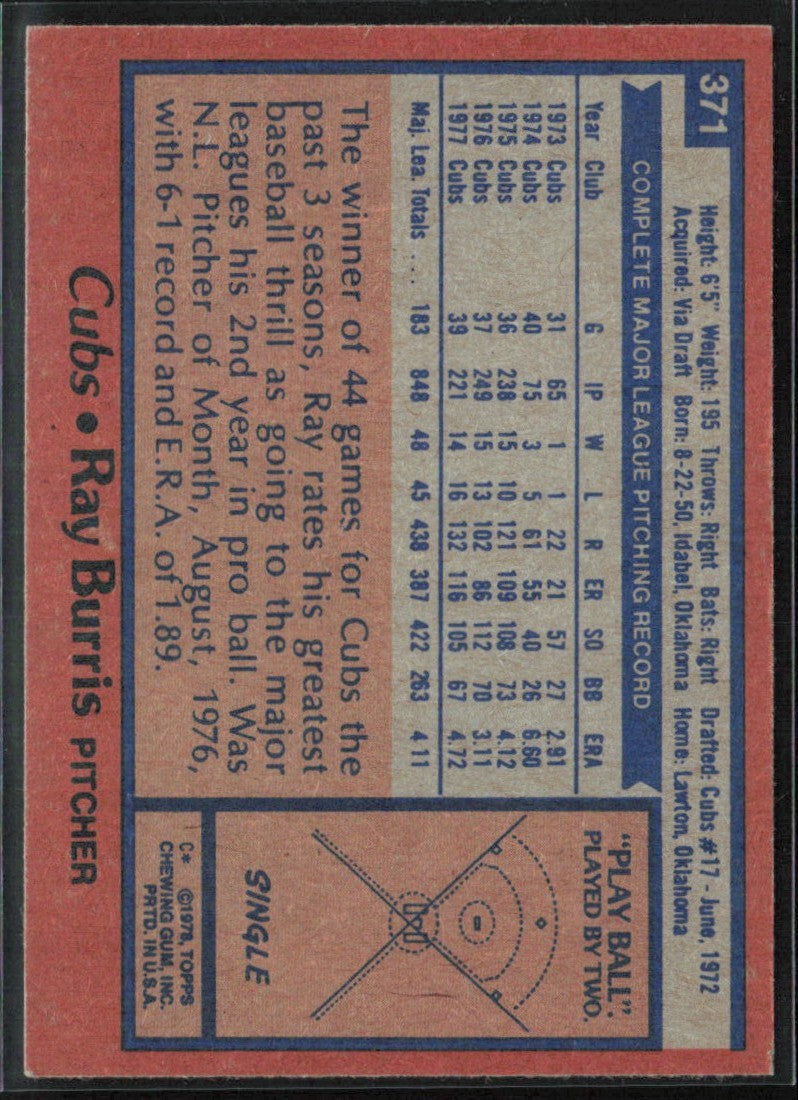 Ray Burris 1978 Topps #371 Chicago Cubs