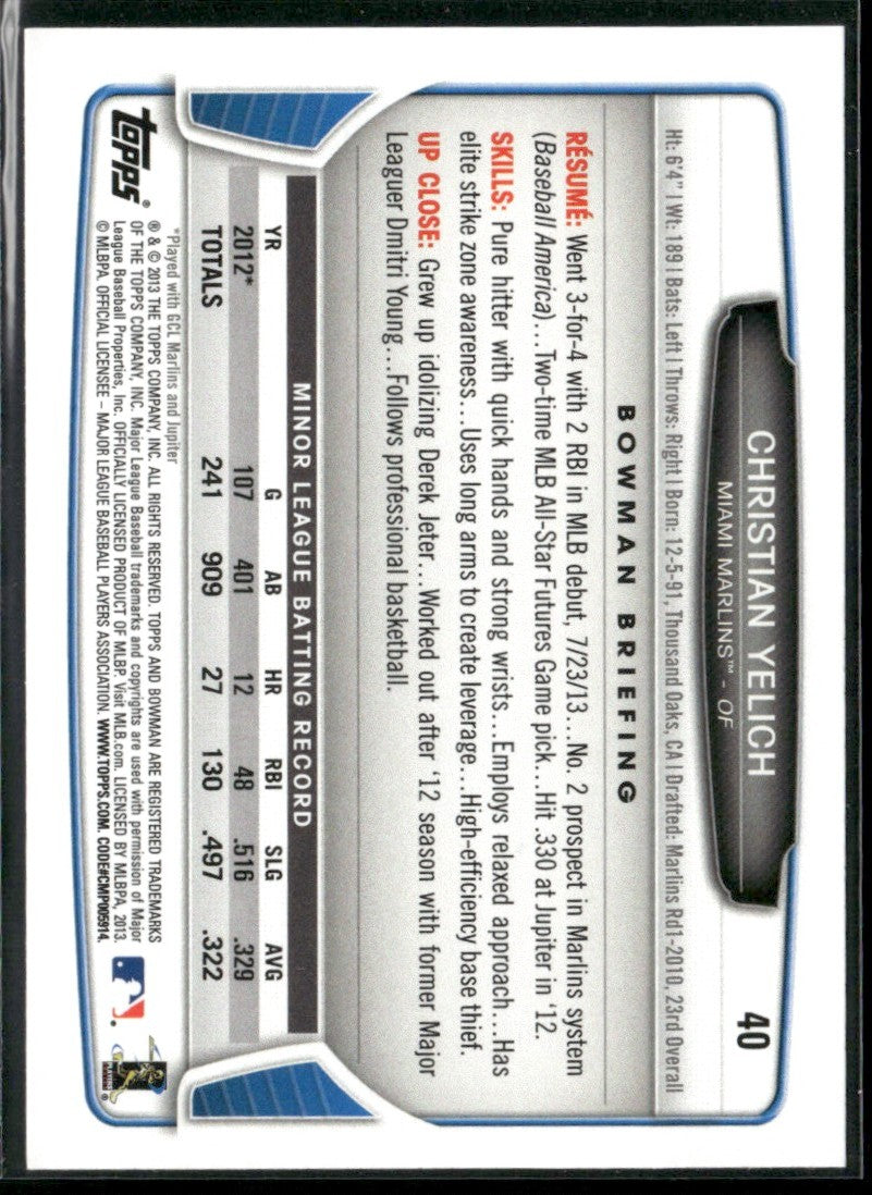 Christian Yelich 2013 Bowman Draft Picks & Prospects RC #40 Miami Marlins