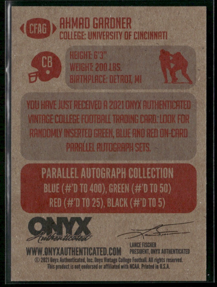 Ahmad Gardner 2021 Onyx Vintage College Football RC #CFA6 Cincinnati Bearcats