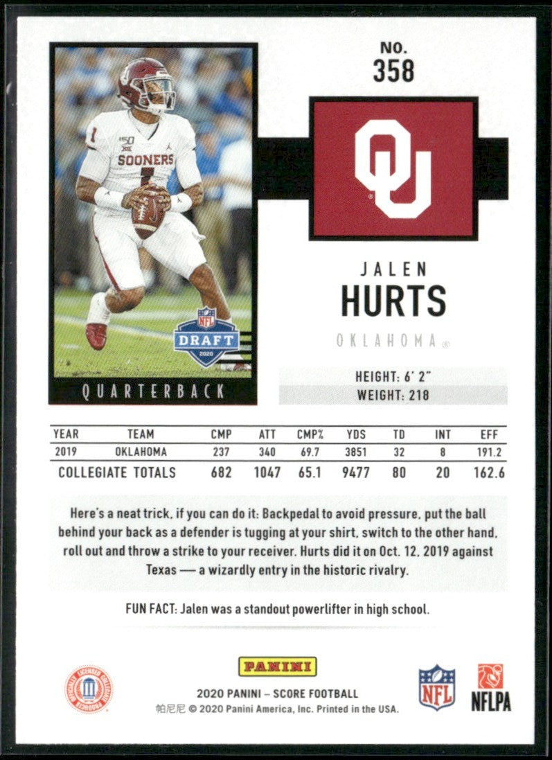 Jalen Hurts 2020 Panini Score RC #358 Oklahoma Sooners