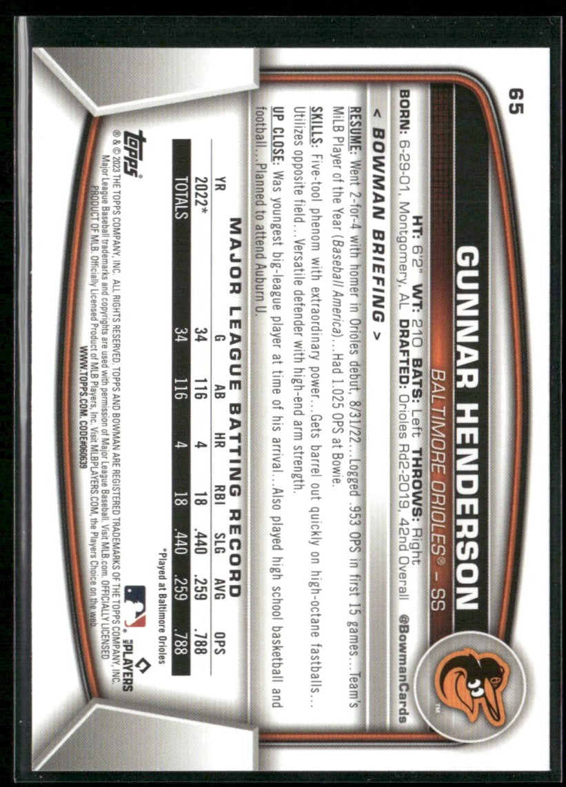 Gunnar Henderson 2023 Bowman RC #65 Baltimore Orioles