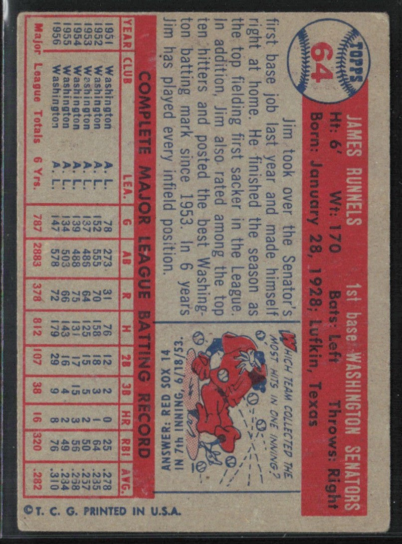 Pete Runnels 1957 Topps #64 Washington Senators