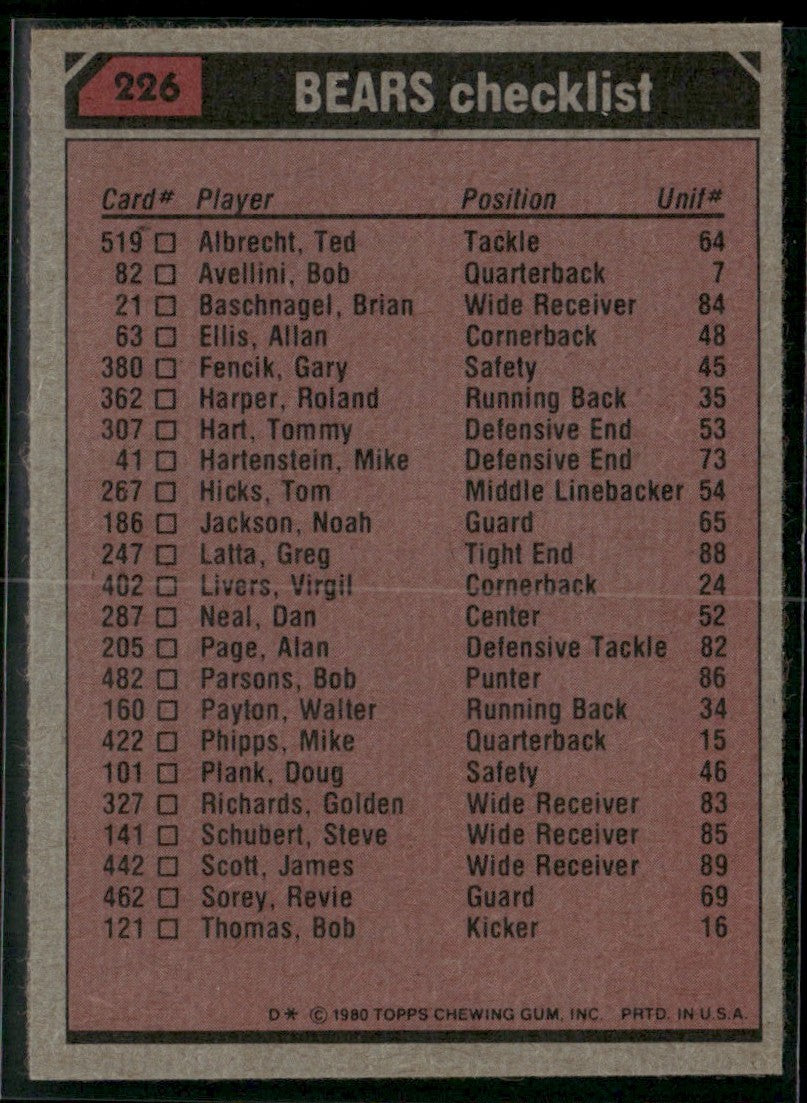 Walter Payton 1980 Topps #226 Chicago Bears