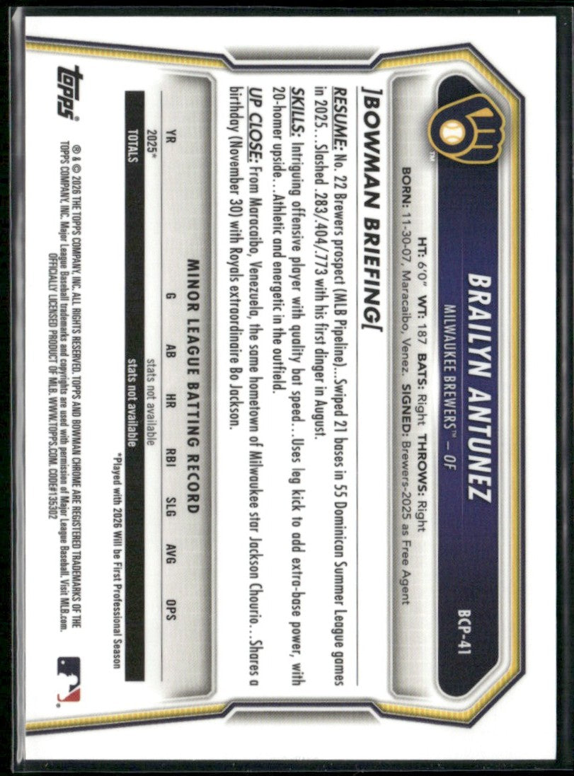 Brailyn Antunez 2026 Bowman Chrome Reptilian #BCP-41 Milwaukee Brewers