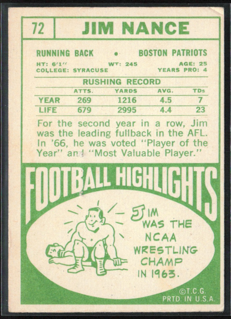 Jim Nance 1968 Topps RC #72 Boston Patriots