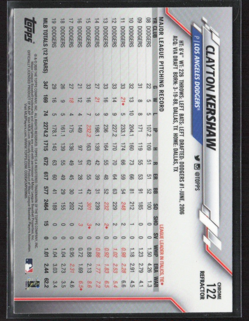 Clayton Kershaw 2020 Topps Chrome Refractor #122 Los Angeles Dodgers