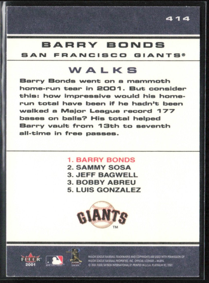Barry Bonds 2001 Fleer Platinum #414 San Francisco Giants