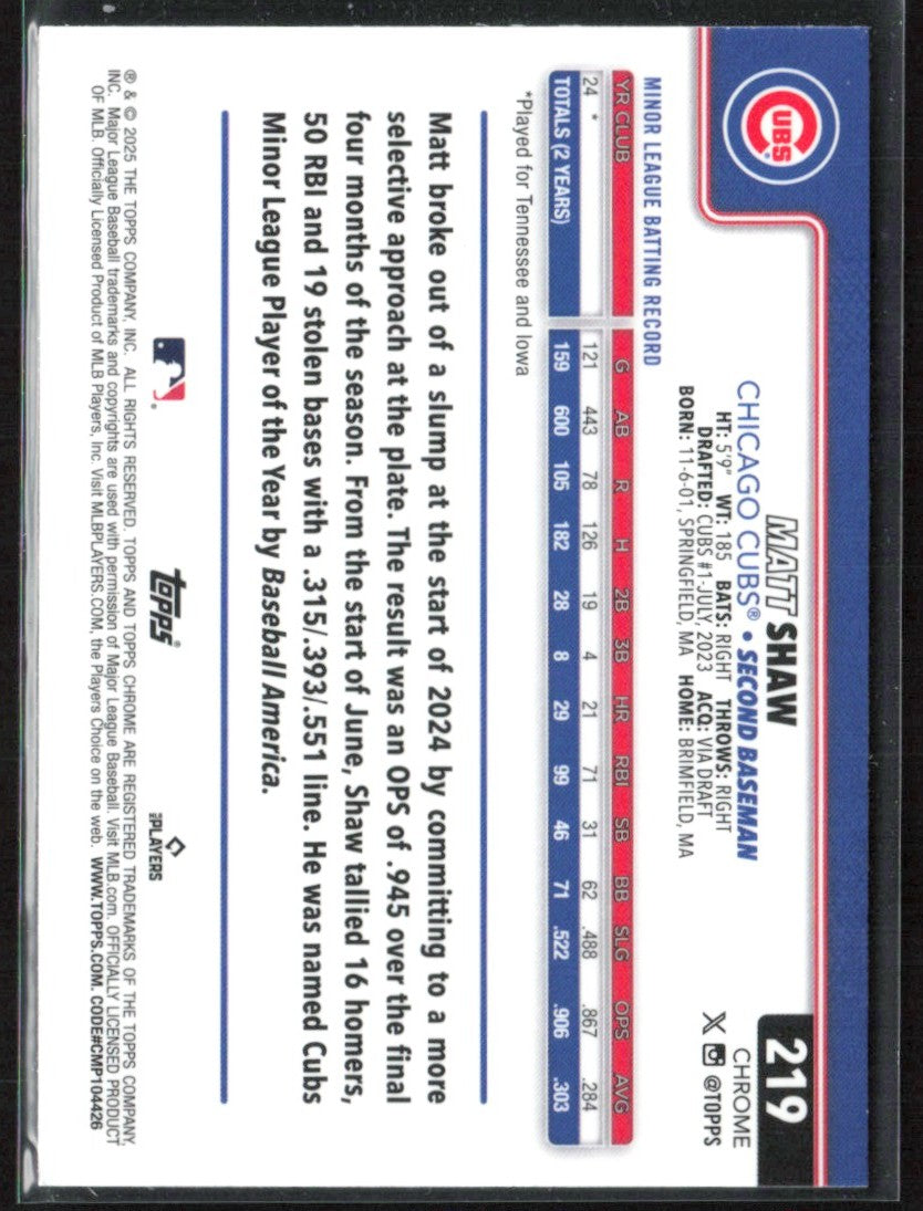 Matt Shaw 2025 Topps Chrome RC #219 Chicago Cubs