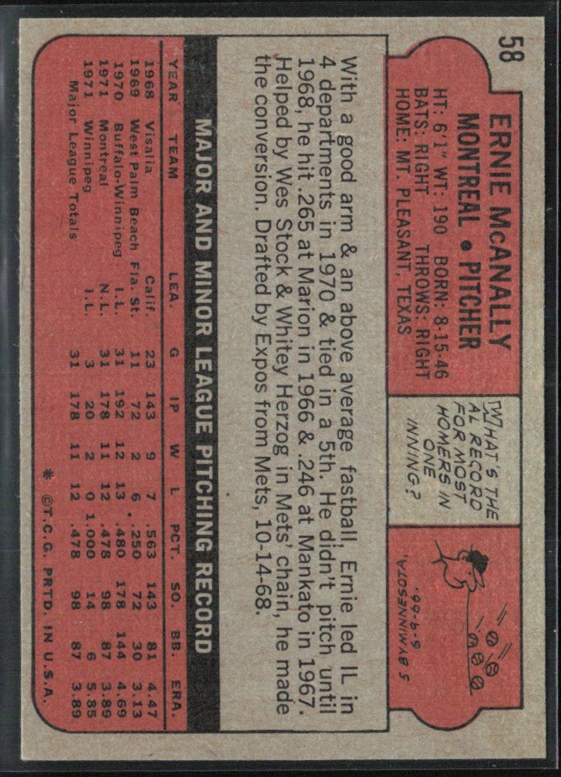 Ernie McAnally 1972 Topps #58 Montreal Expos