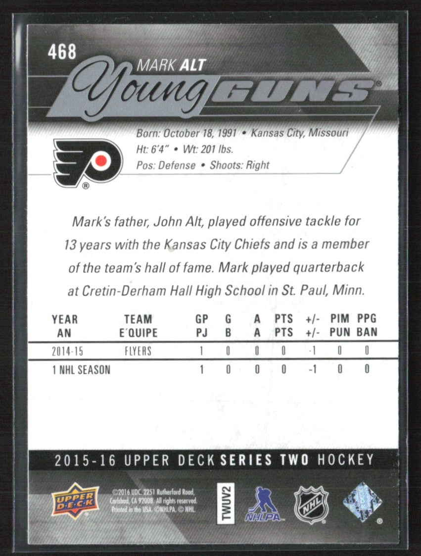 Mark Alt 2015 Upper Deck Young Guns RC #468 Philadelphia Flyers