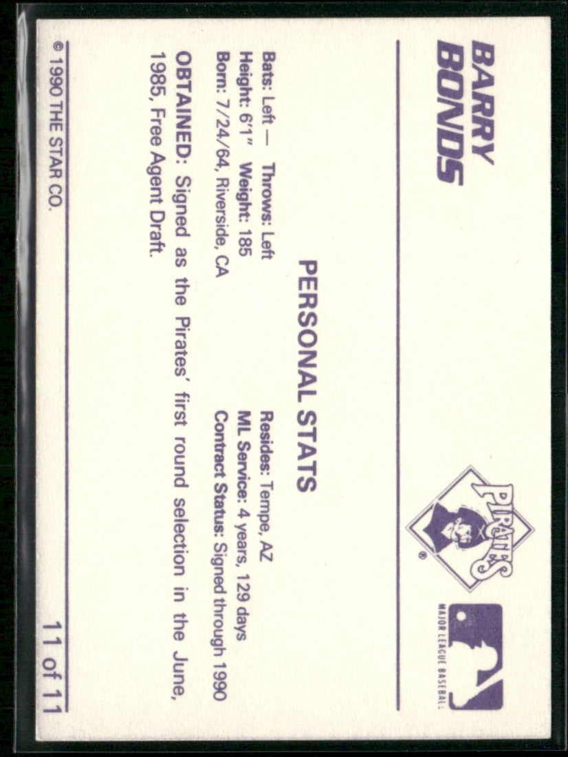 Barry Bonds 1990 Star Bonds Personal Data #11 Pittsburgh Pirates